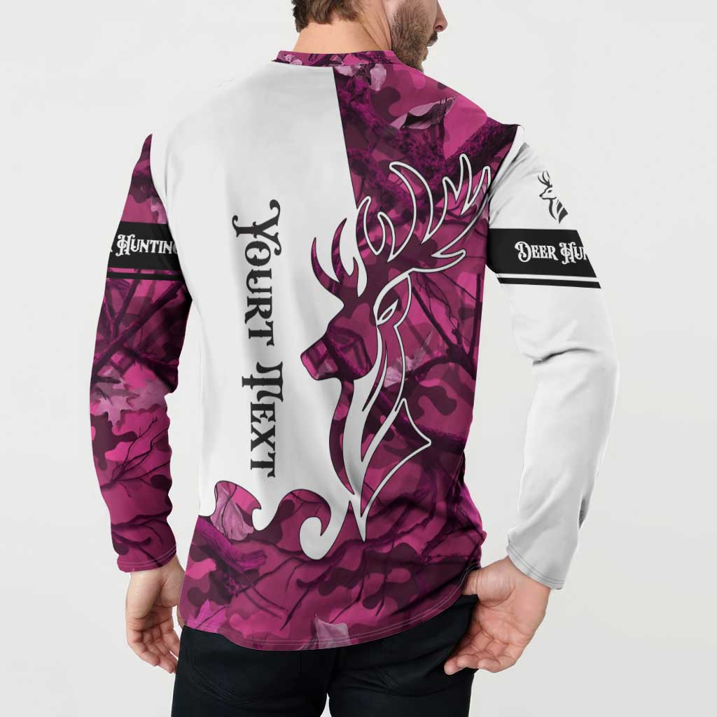 Pink camo button henley sweatshirt with large back deer head, flames, and hunting text