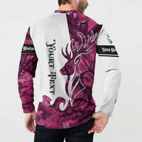Pink camo button henley sweatshirt with large back deer head, flames, and hunting text