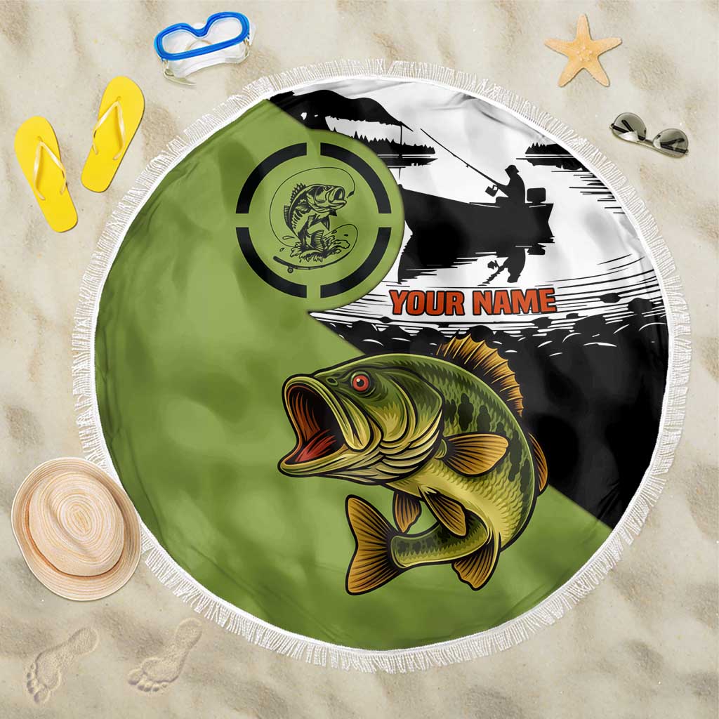 Green-and-black round beach blanket with bass fish graphic, fringe edge, custom name