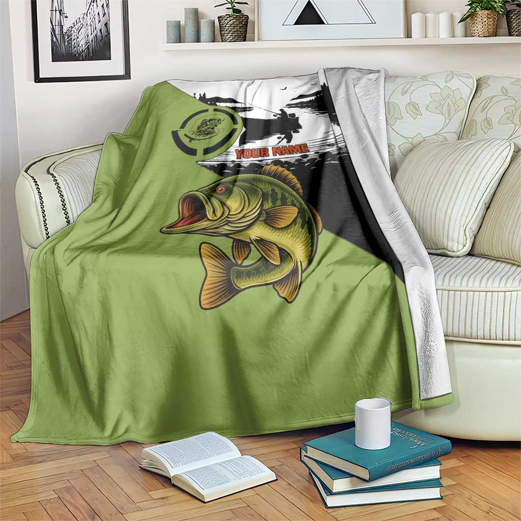 Green fishing blanket with largemouth bass graphic and boat scene, plus 'YOUR NAME' text