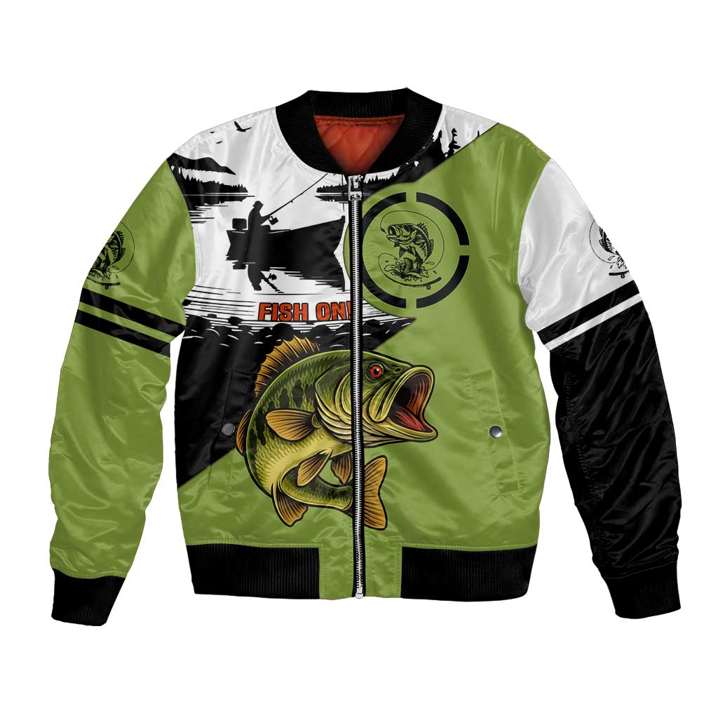 Green and black bomber jacket with large bass fish graphic and boat scene, zip-front