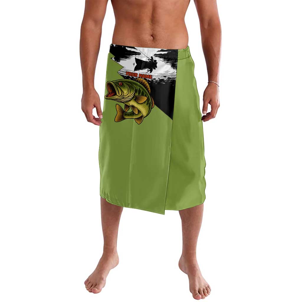 Green wrap skirt with front fishing graphic, fish and boat scene, asymmetrical hem
