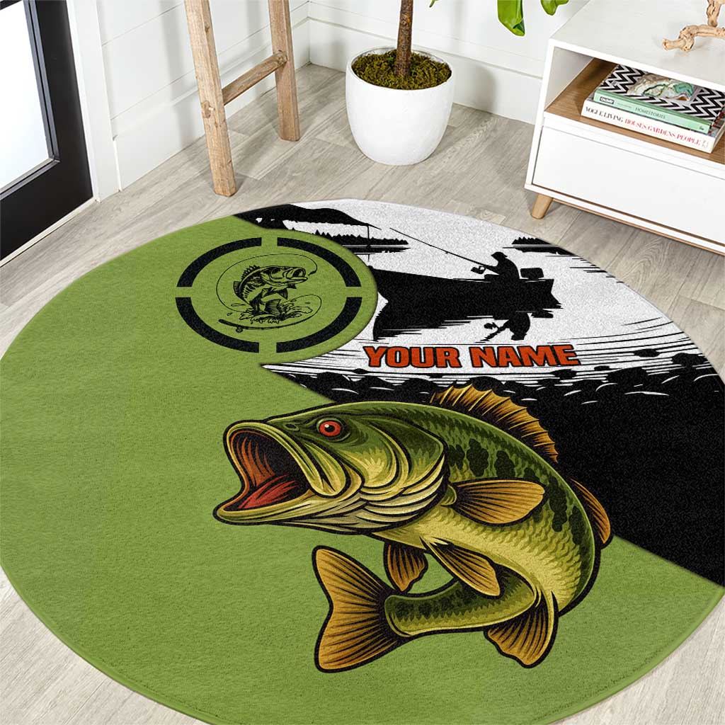 Round green fishing rug with bass fish graphic, black band, and red “YOUR NAME” text