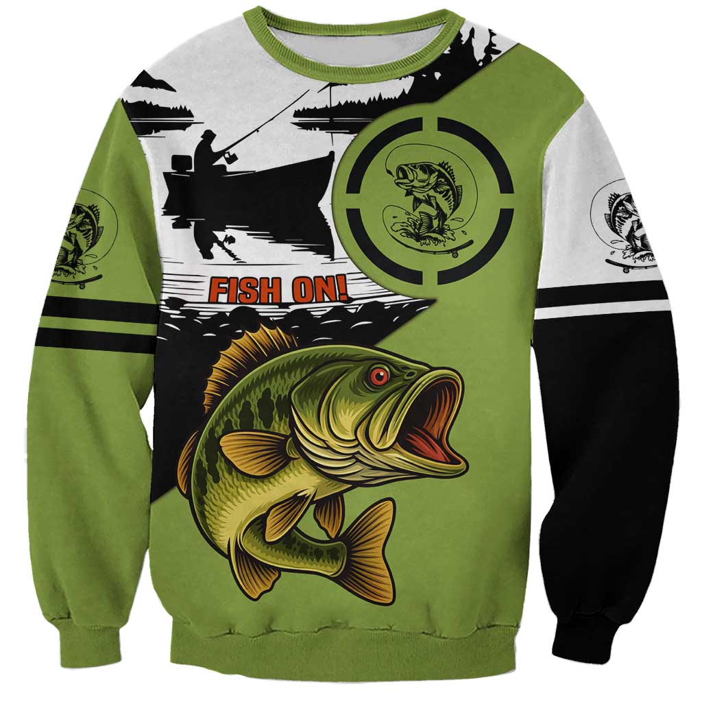 Green fishing sweatshirt with large bass graphic, round emblem, and FISH ON text