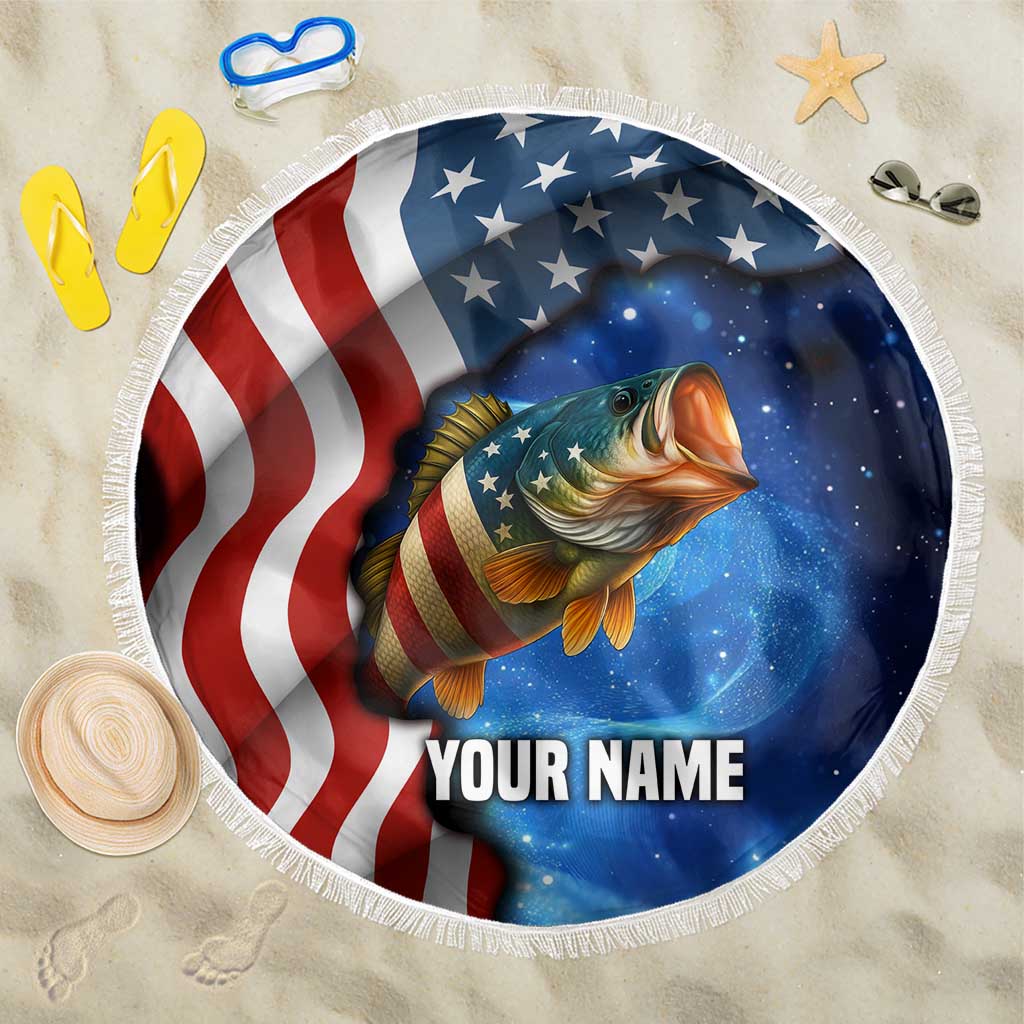 Round navy beach blanket with patriotic bass fish, stars, and fringe edge.