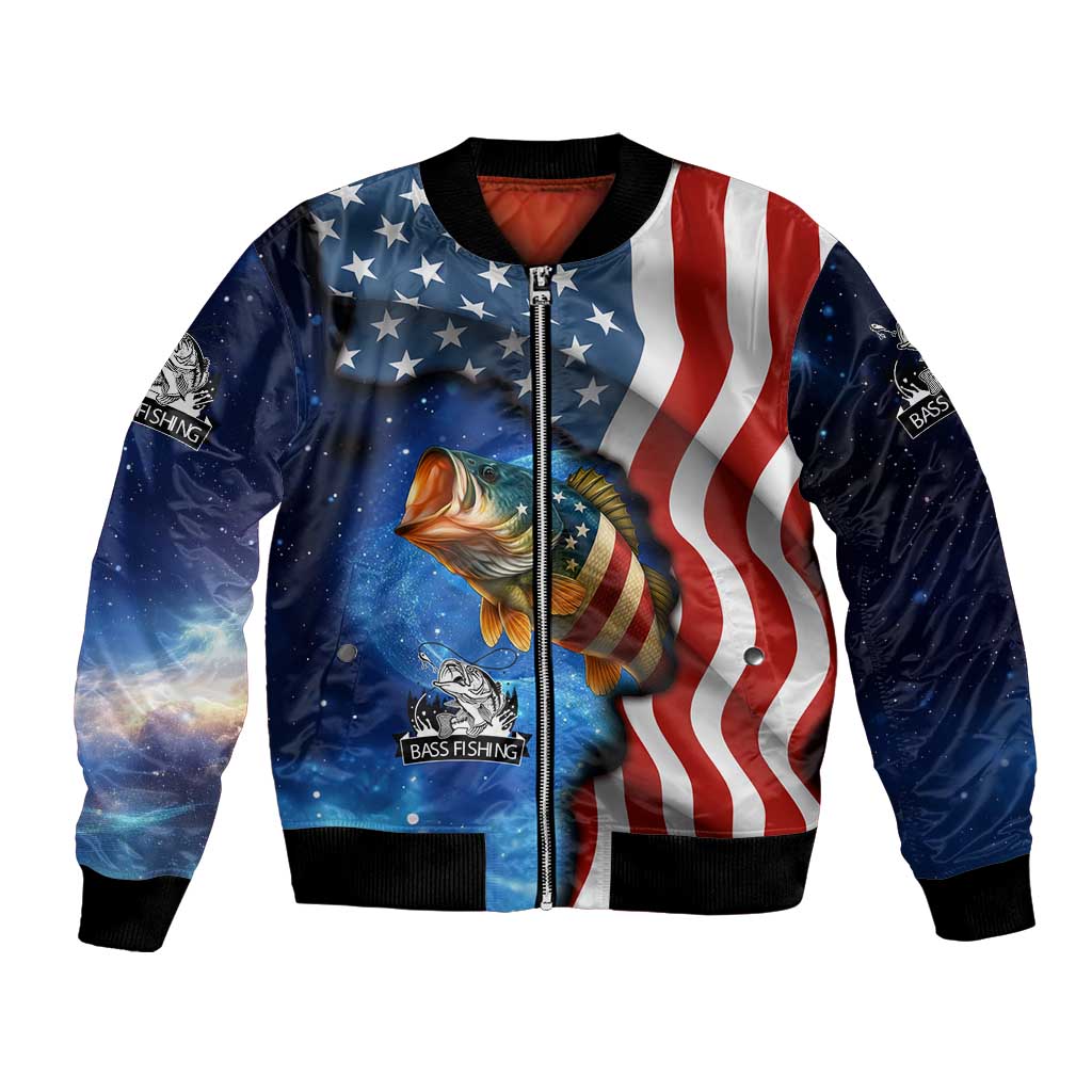 Unisex navy bomber jacket with American flag, bass fish, and starry graphic front zip