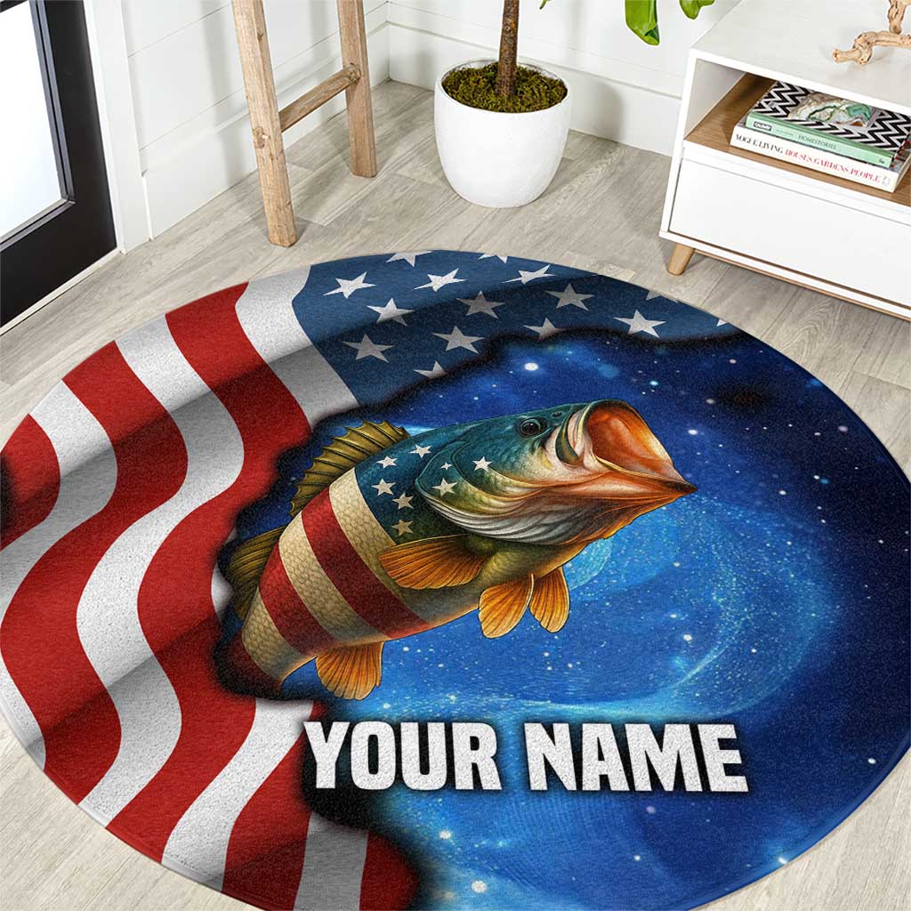 Round navy fishing graphic carpet with red white stripes, stars, and leaping fish