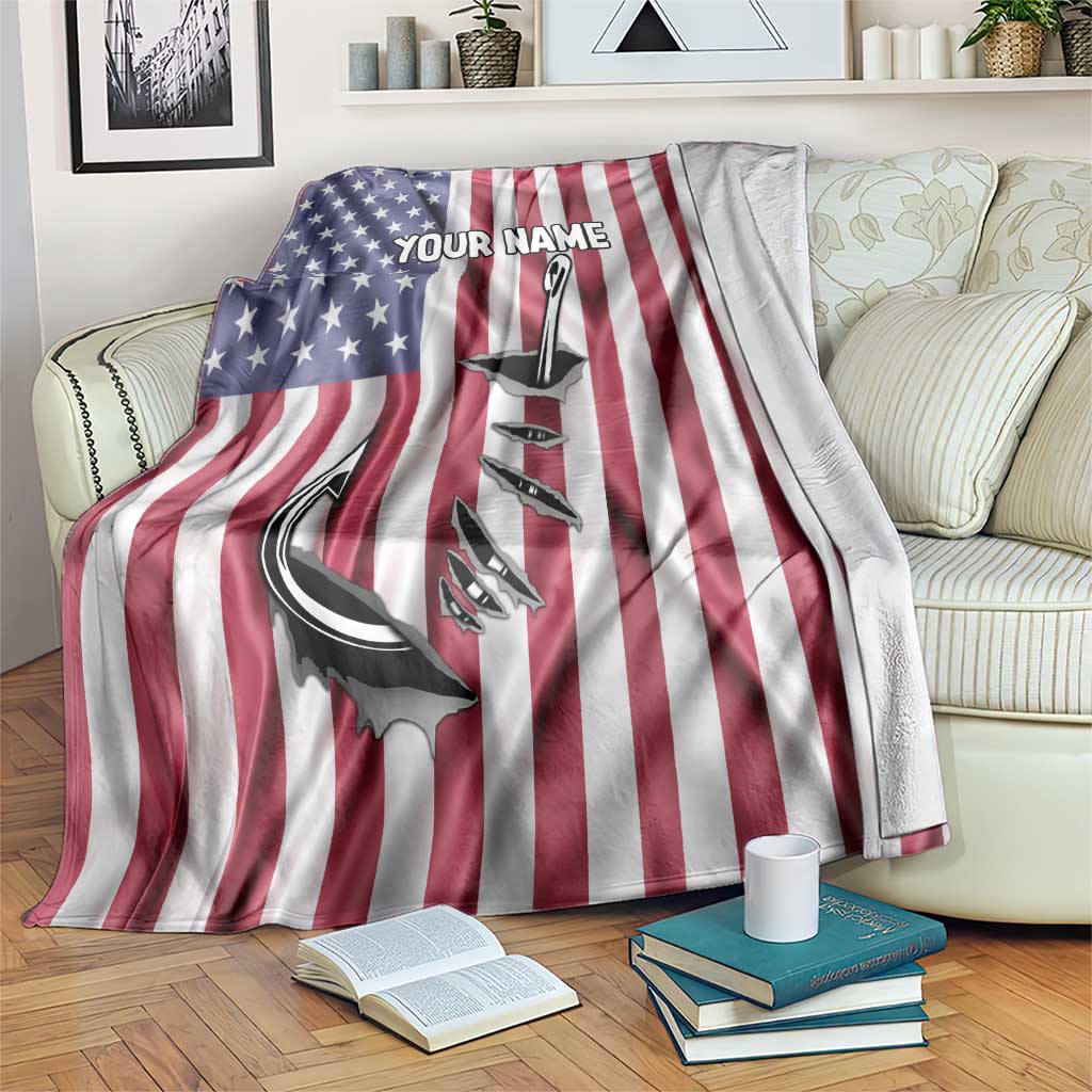 American flag blanket with star-stripe pattern, fish hook graphic, custom name