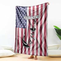 American flag blanket draped outdoors with custom name and fish hook graphic