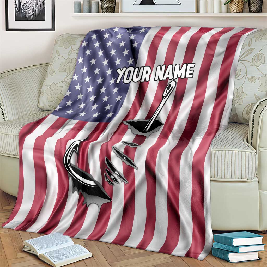American flag blanket over couch with star field, custom name, and fish hook graphic