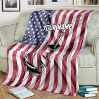 American flag blanket over couch with star field, custom name, and fish hook graphic