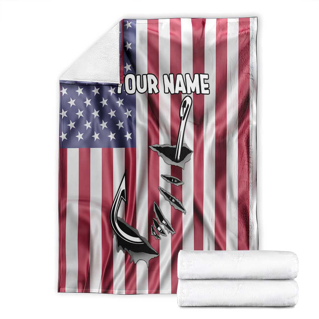 Folded American flag blanket set with custom name and fish hook graphic