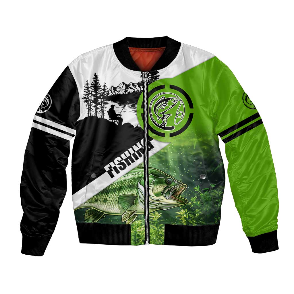Green and black bomber jacket with front zipper and bass fishing graphic logo