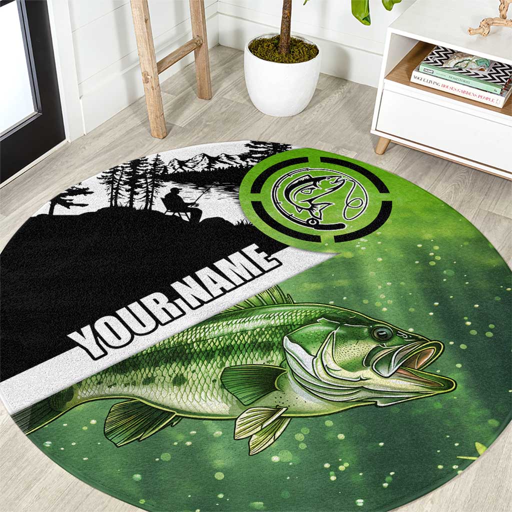 Round fishing carpet in green and black with bass and circular angler logo, custom name text