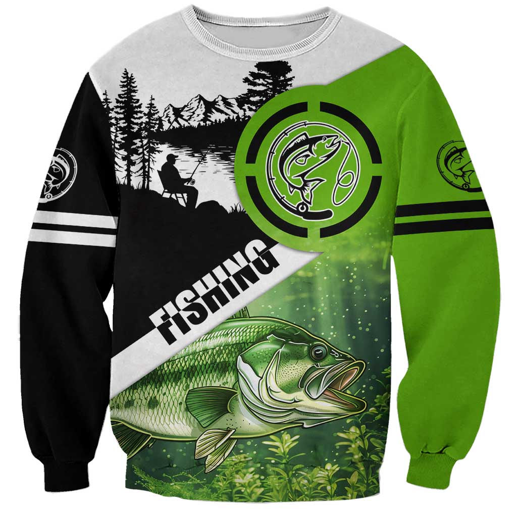 Green and black fishing sweatshirt with bass graphic, circular logo, forest scene