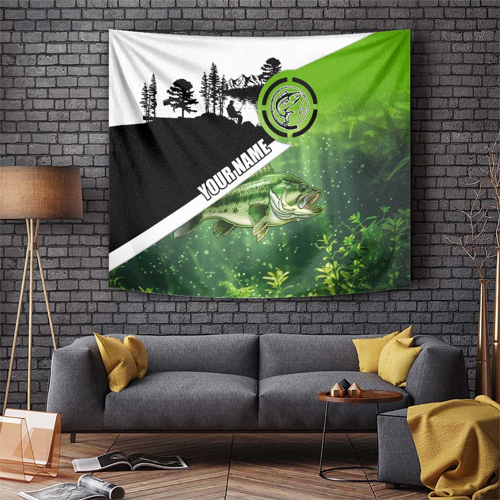 Green and black largemouth bass fishing tapestry with angler emblem and forest silhouette