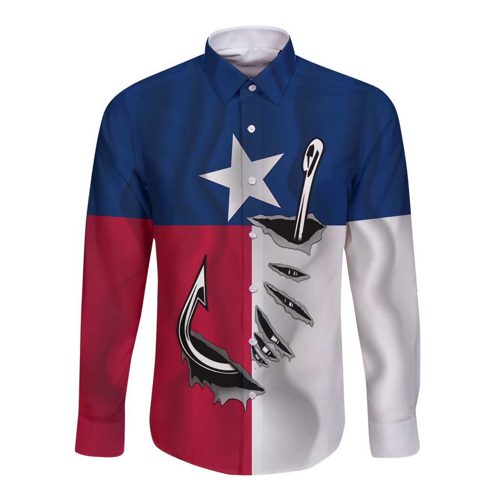 Texas Flag Fishing Long Sleeve Button Shirt Hook and Fish Illustration and Custom Name Detail - Wonder Print Shop