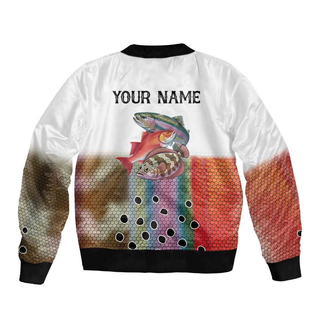 Multicolor Fish Pattern Design Bomber Jacket Fishing Scaled Texture and Custom Name Print - Wonder Print Shop