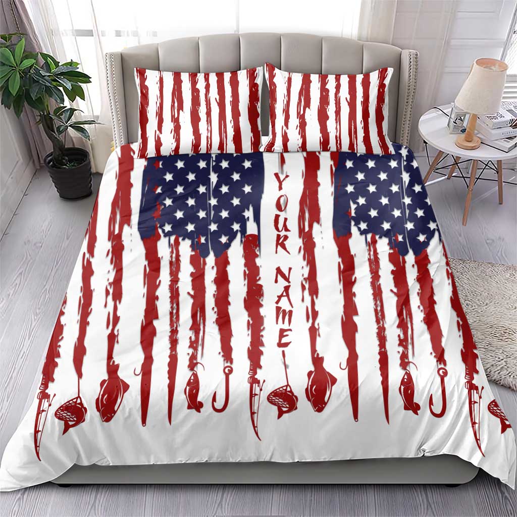 American Flag Fishing Bedding Set Lure and Hook Elements and Custom Name Print - Wonder Print Shop
