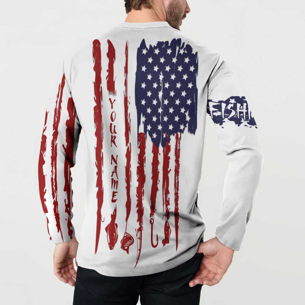 American Flag Fishing Button Sweatshirt Lure and Hook Elements and Custom Name Print - Wonder Print Shop