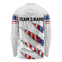 Personalized American Flag Bowling Team Long Sleeve Shirt Pins and Ball Torn Stripes and Patterned White - Wonder Print Shop