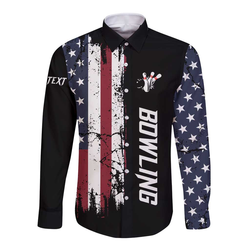 Black bowling button shirt with grunge American flag panels and BOWLING graphic