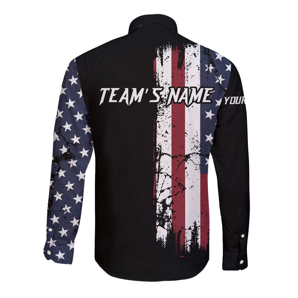 Black bowling button shirt back with grunge American flag stripe and team text