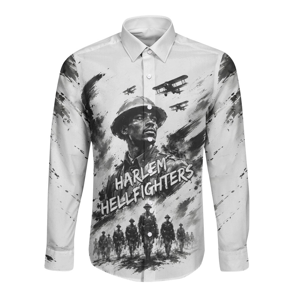 Personalized Harlem Hellfighters Long Sleeve Button Shirt WWI African American Soldiers Monochrome Grunge Sketch Art
