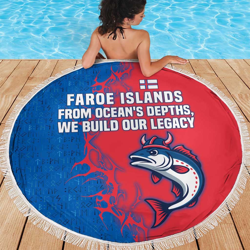 Faroe Islands Beach Blanket with Viking Fish Illustration Red Blue Runic Design - Wonder Print Shop