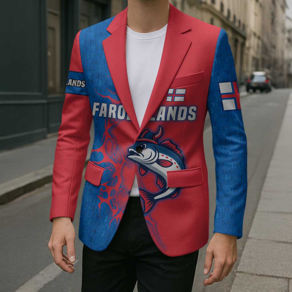 Faroe Islands Blazer with Viking Fish Illustration Red Blue Runic Design - Wonder Print Shop