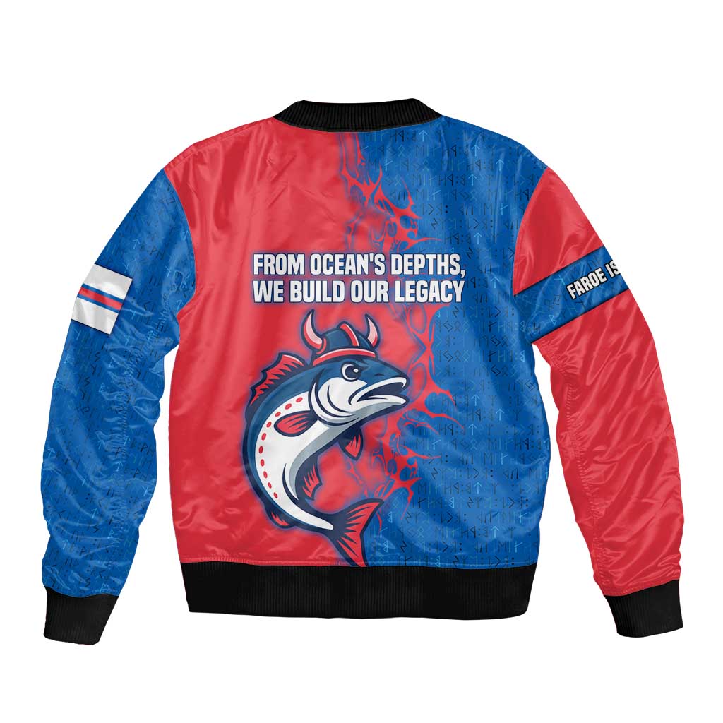 Faroe Islands Bomber Jacket with Viking Fish Illustration Red Blue Runic Design - Wonder Print Shop