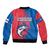 Faroe Islands Bomber Jacket with Viking Fish Illustration Red Blue Runic Design - Wonder Print Shop