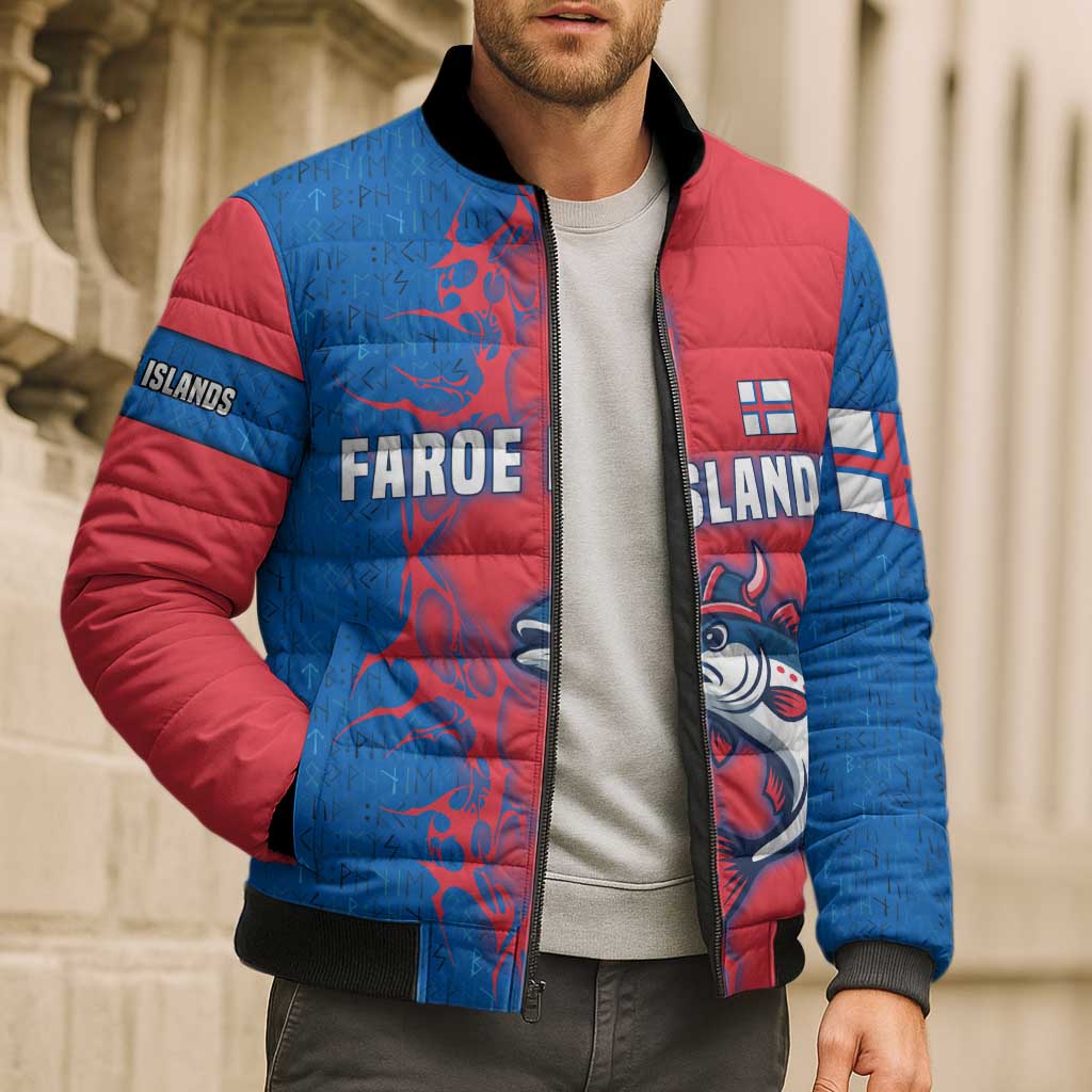 Faroe Islands Bomber Puffer Jacket with Viking Fish Illustration Red Blue Runic Design - Wonder Print Shop