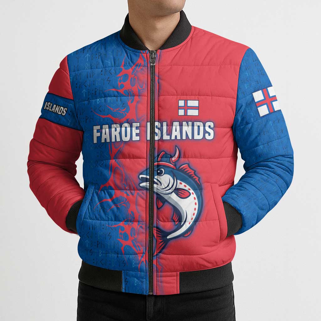 Faroe Islands Bomber Puffer Jacket with Viking Fish Illustration Red Blue Runic Design - Wonder Print Shop