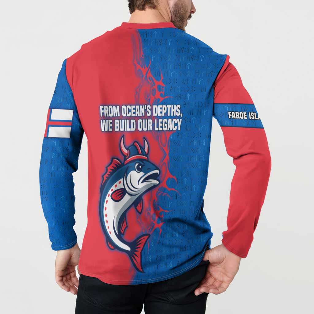 Faroe Islands Button Sweatshirt with Viking Fish Illustration Red Blue Runic Design - Wonder Print Shop