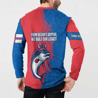 Faroe Islands Button Sweatshirt with Viking Fish Illustration Red Blue Runic Design - Wonder Print Shop