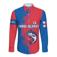 Red and blue long-sleeve button shirt with Faroe fish graphic and runic pattern