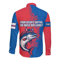 Red and blue long-sleeve button shirt with back fish graphic and ocean-depths text