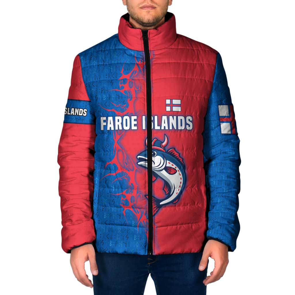 Faroe Islands Padded Jacket with Viking Fish Illustration Red Blue Runic Design - Wonder Print Shop