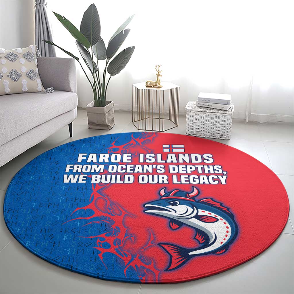 Faroe Islands Round Carpet with Viking Fish Illustration Red Blue Runic Design - Wonder Print Shop