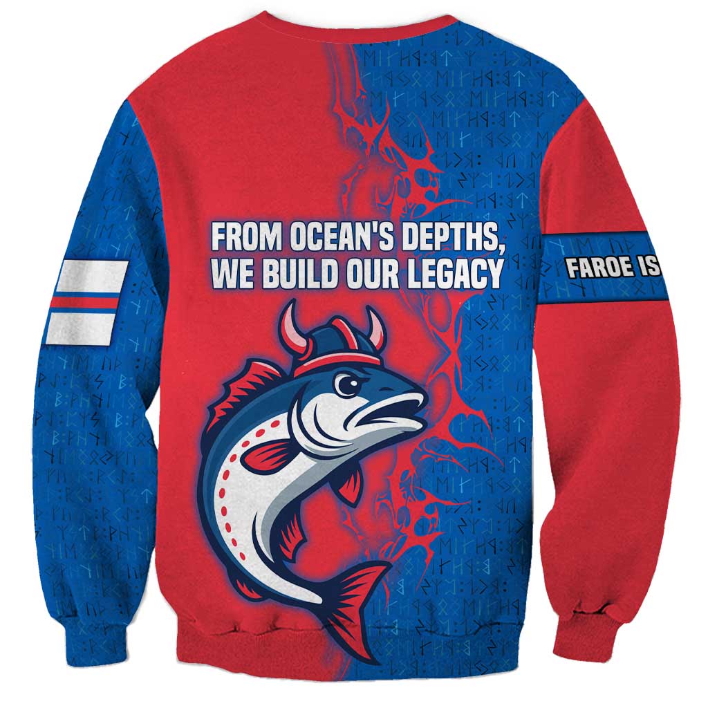 Faroe Islands Sweatshirt with Viking Fish Illustration Red Blue Runic Design - Wonder Print Shop