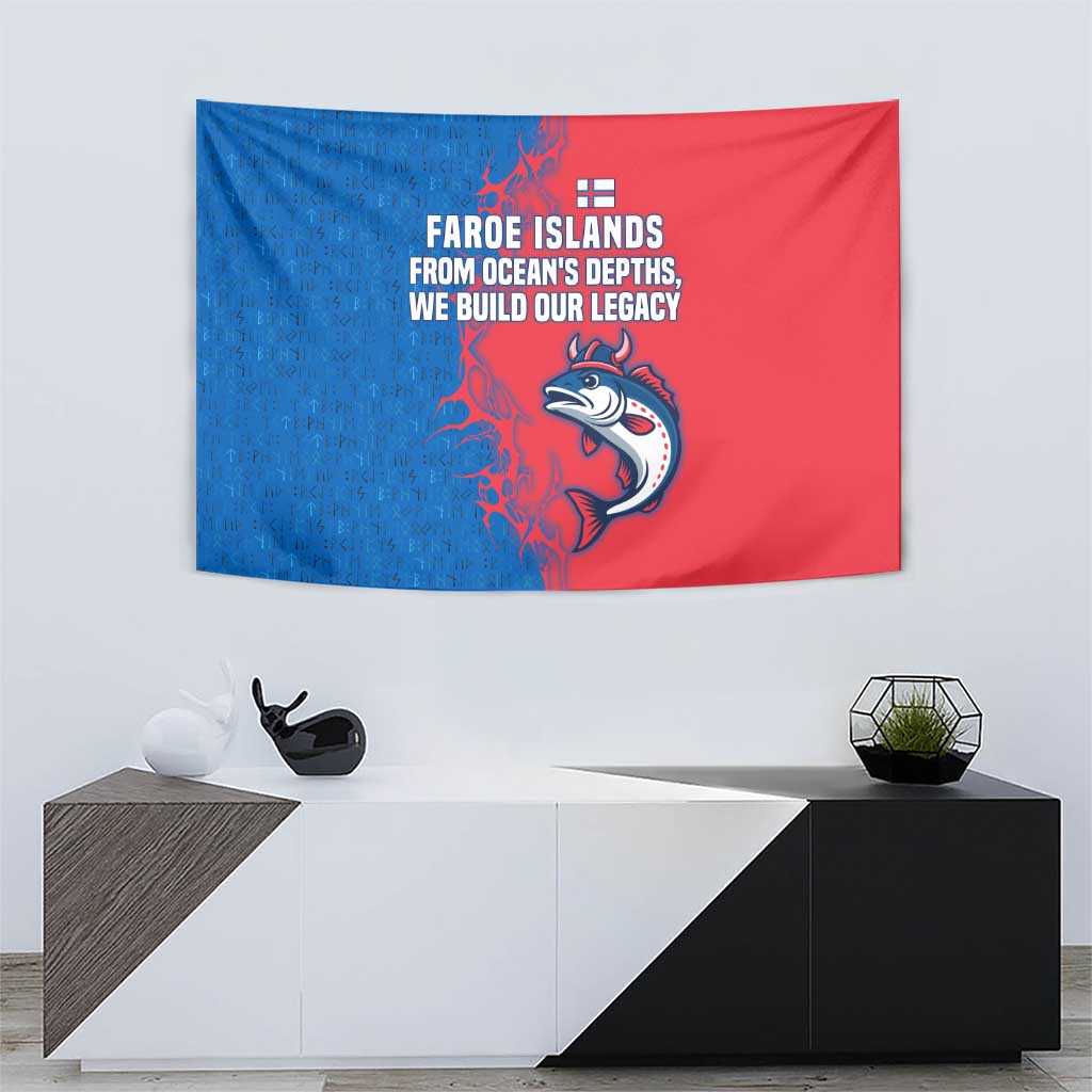 Faroe Islands Tapestry with Viking Fish Illustration Red Blue Runic Design - Wonder Print Shop