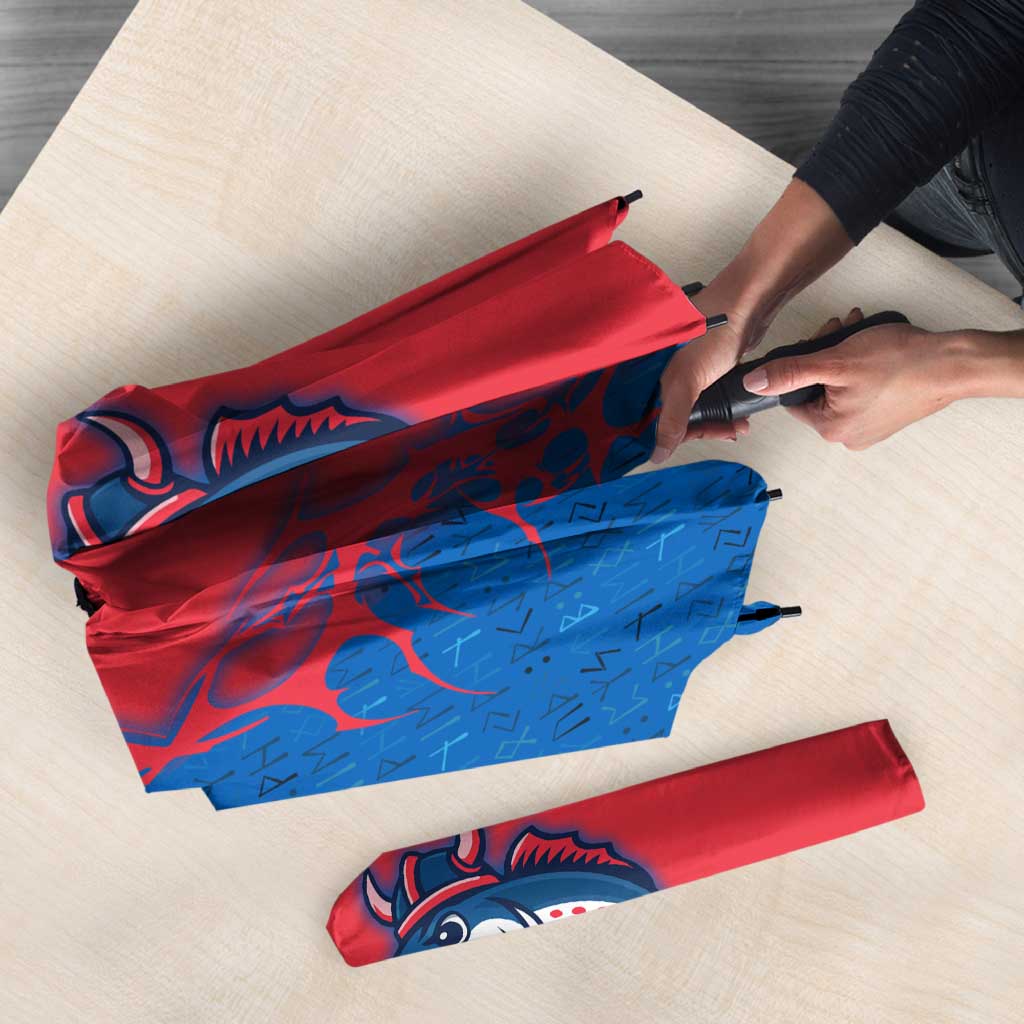 Faroe Islands Umbrella with Viking Fish Illustration Red Blue Runic Design - Wonder Print Shop