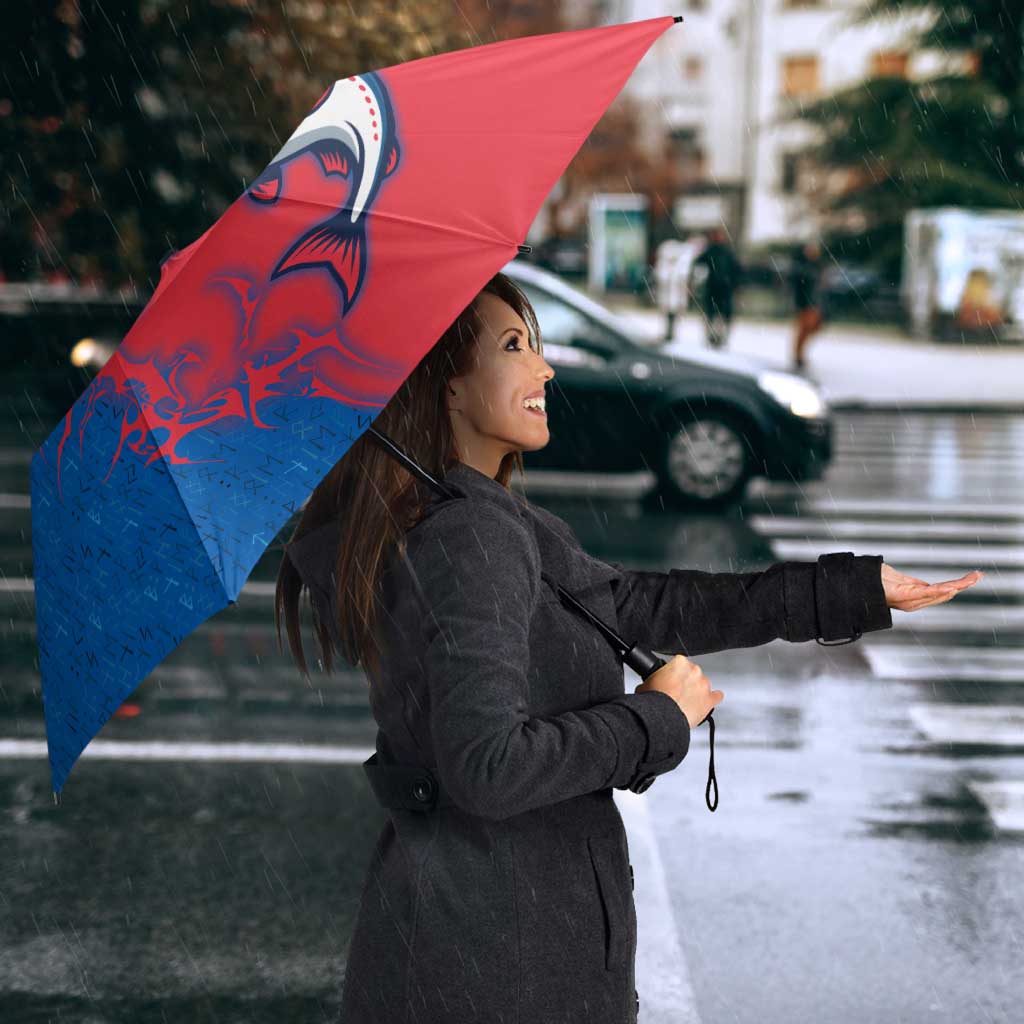 Faroe Islands Umbrella with Viking Fish Illustration Red Blue Runic Design - Wonder Print Shop