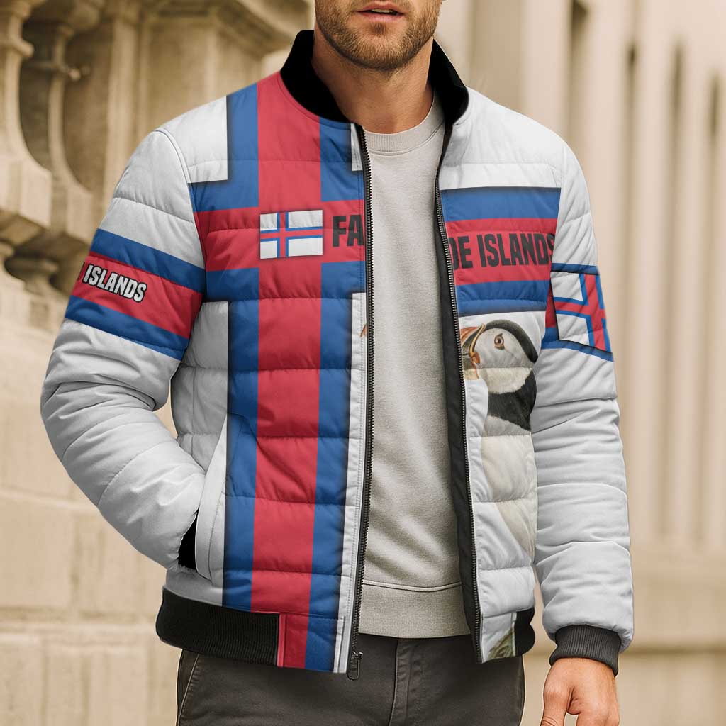 Faroe Islands Bomber Puffer Jacket with Red Blue Cross Design and Puffin Bird - Wonder Print Shop