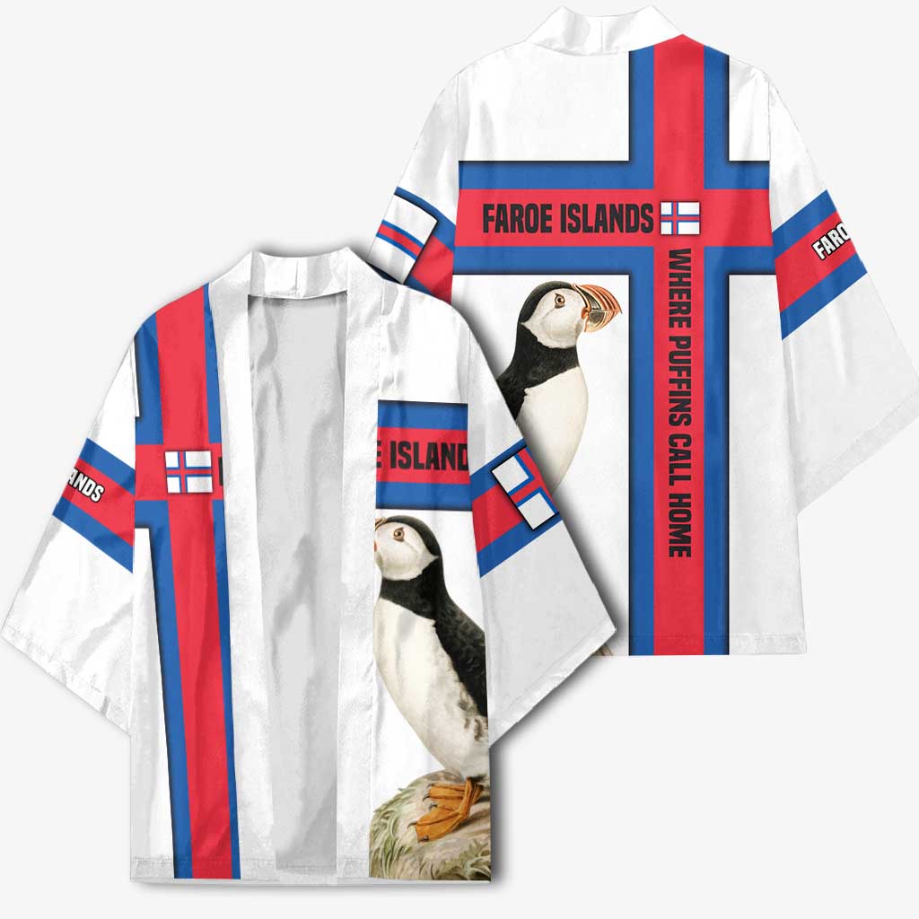 Faroe Islands Kimono with Red Blue Cross Design and Puffin Bird - Wonder Print Shop