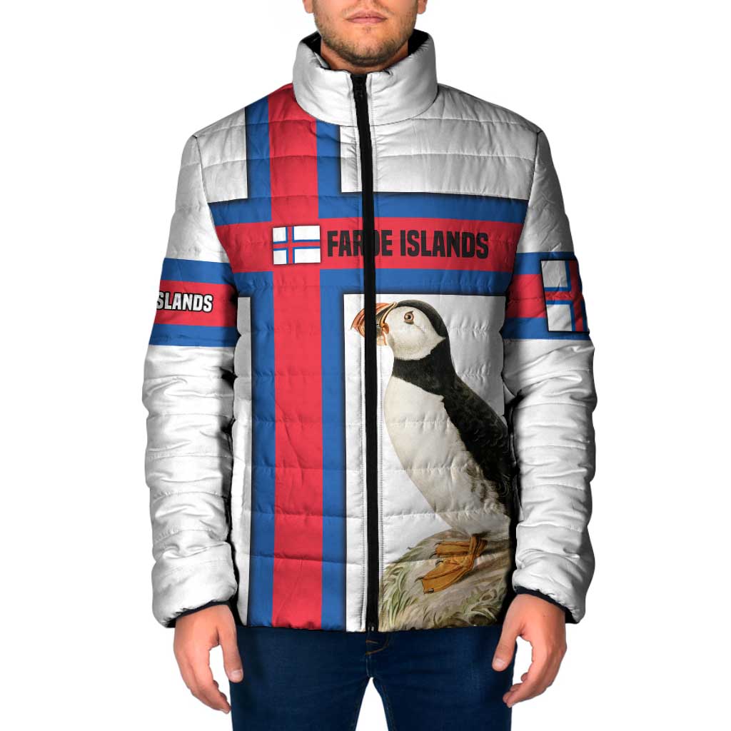 Faroe Islands Padded Jacket with Red Blue Cross Design and Puffin Bird - Wonder Print Shop