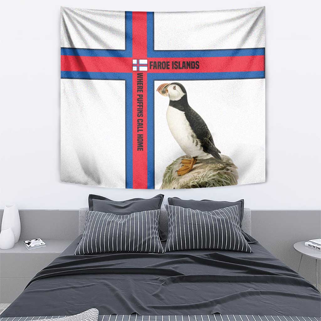 Faroe Islands Tapestry with Red Blue Cross Design and Puffin Bird - Wonder Print Shop