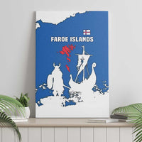 Blue canvas wall art showing “FAROE ISLANDS” title, Viking ship silhouette and red map
