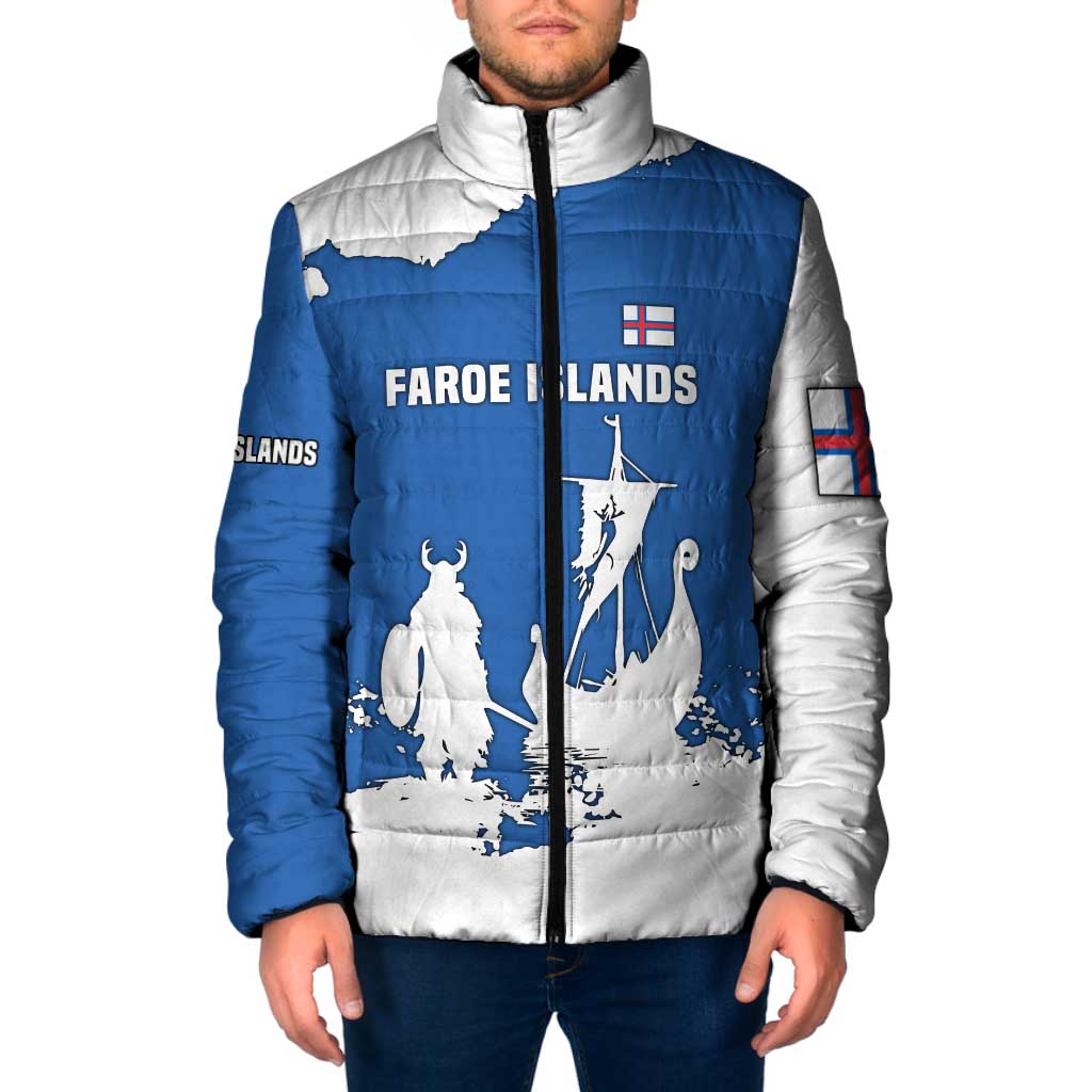 Faroe Islands Padded Jacket with Viking Ship and Map Silhouette - Wonder Print Shop